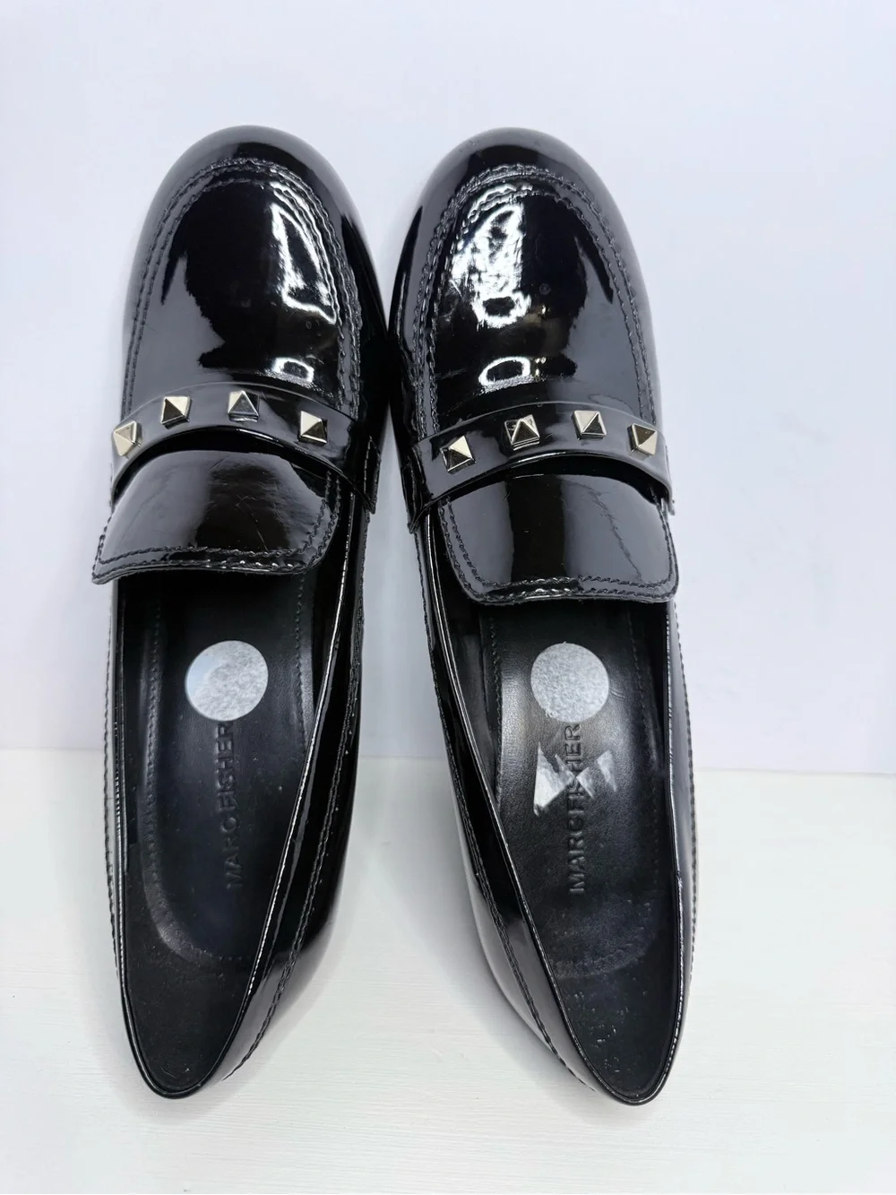 Marc Fisher Black Patent Loafers Silver Pyramid Studs Block Heel Pumps Size 9M